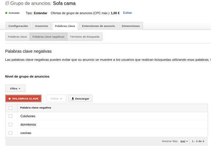 palabras clave negativas adwords