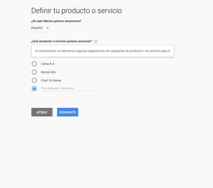 Definir productos y servicios en Adwords Express