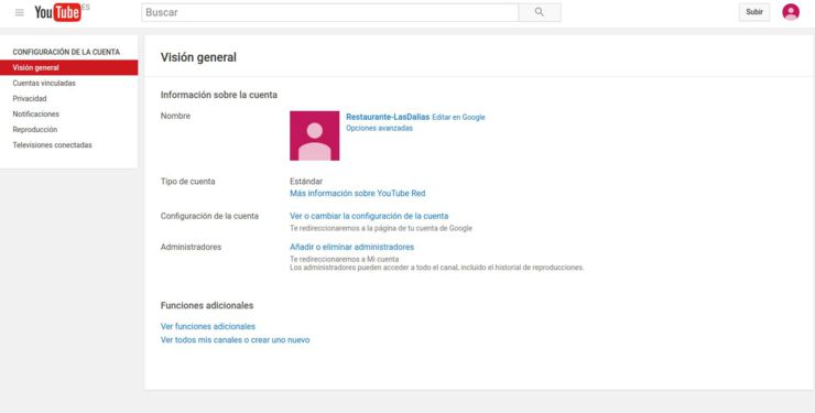 Configuración cuenta Youtube