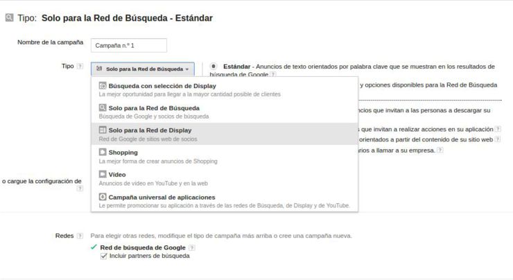 Tipo campaña adwords