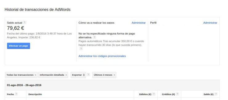 historial transacciones adwords