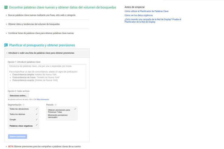 previsiones busquedas planificador palabras clave adwords