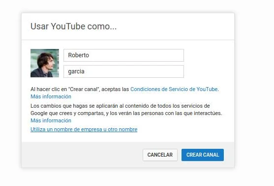 Seleccionar canal empresa Youtube