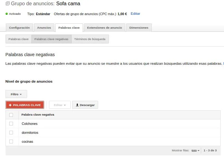 palabras clave negativas adwords