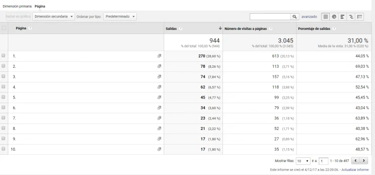 Páginas salida informe SEO
