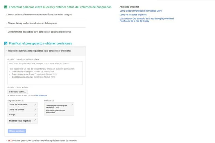 previsiones busquedas planificador palabras clave adwords